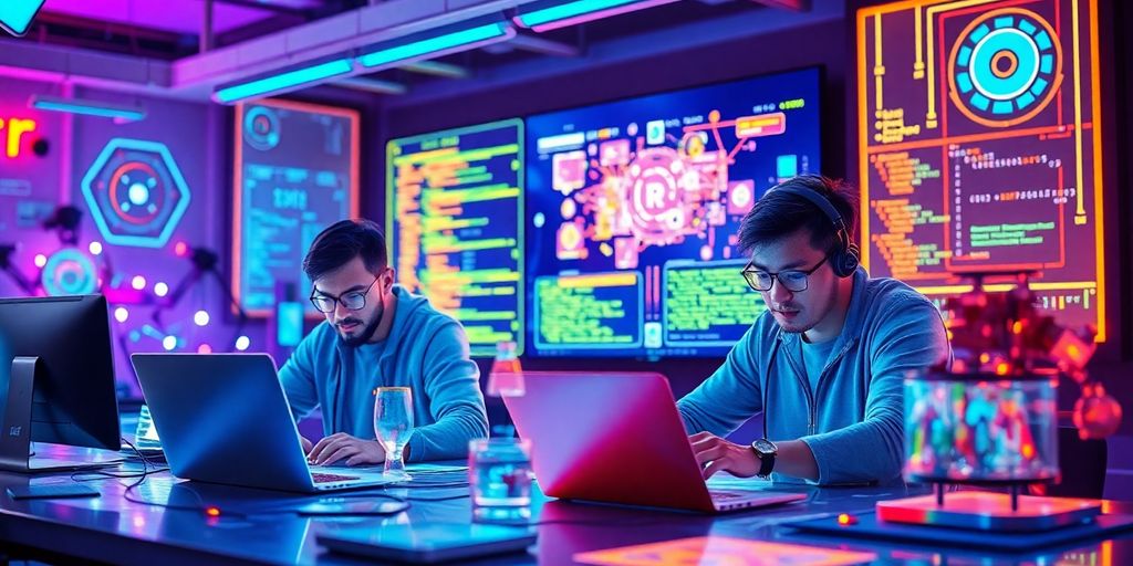 Futuristic workspace with advanced technology tools and programmers.