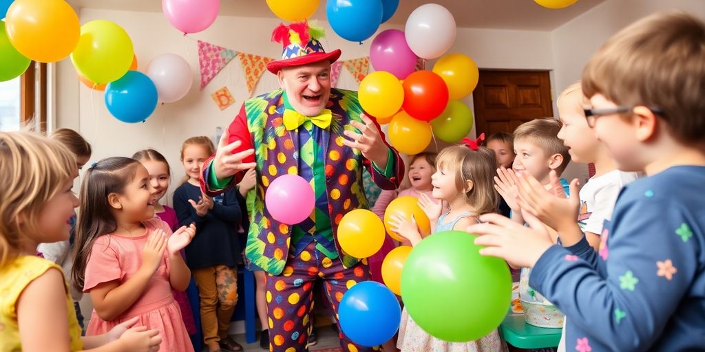 Children enjoying a party with a colourful entertainer.
