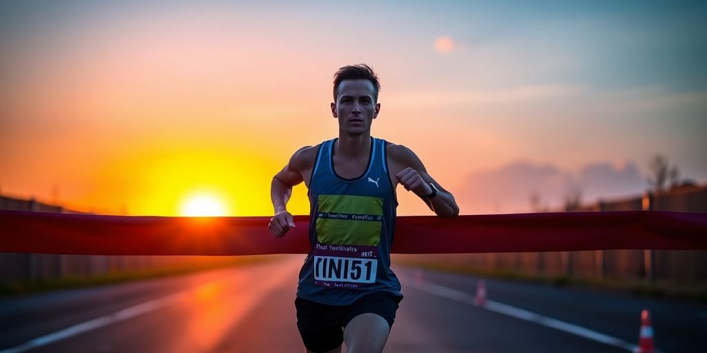 Runner finishing a half marathon at sunrise.