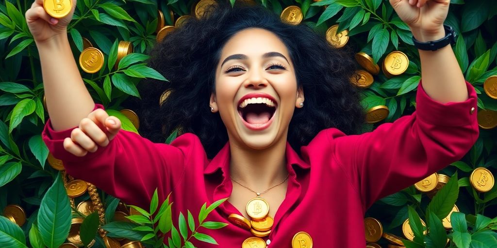 Person celebrating financial success with coins and greenery.