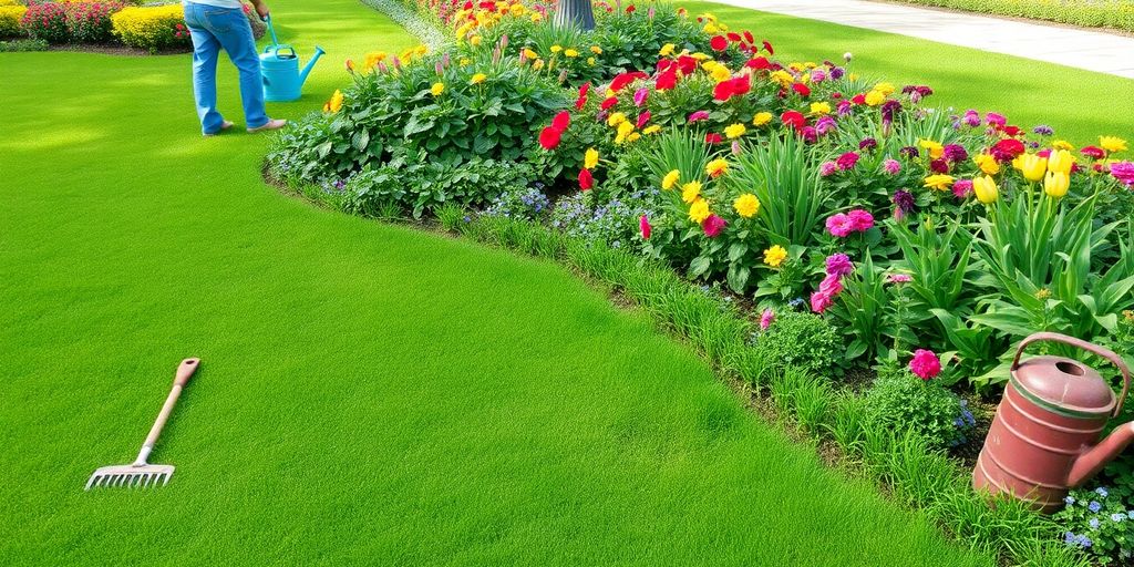 Area verde ben curata con attrezzature da giardinaggio.