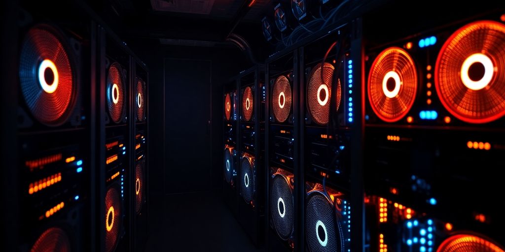 Photographic image of cryptocurrency mining equipment in use.