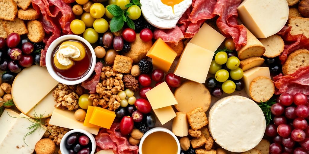 Table with various cheeses and fruits.