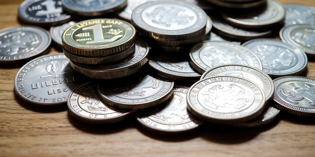 Pièces d'argent sur une table en bois.