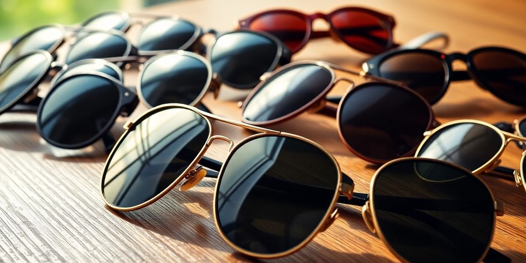 Various vintage sunglasses on a wooden surface.