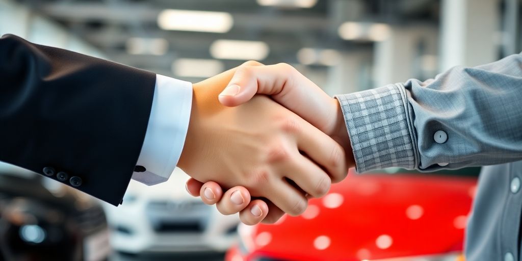 Car salesman shaking customer's hand.