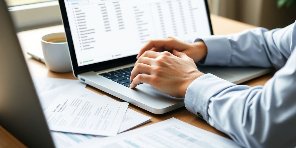 Person analyzing options on a laptop with documents.