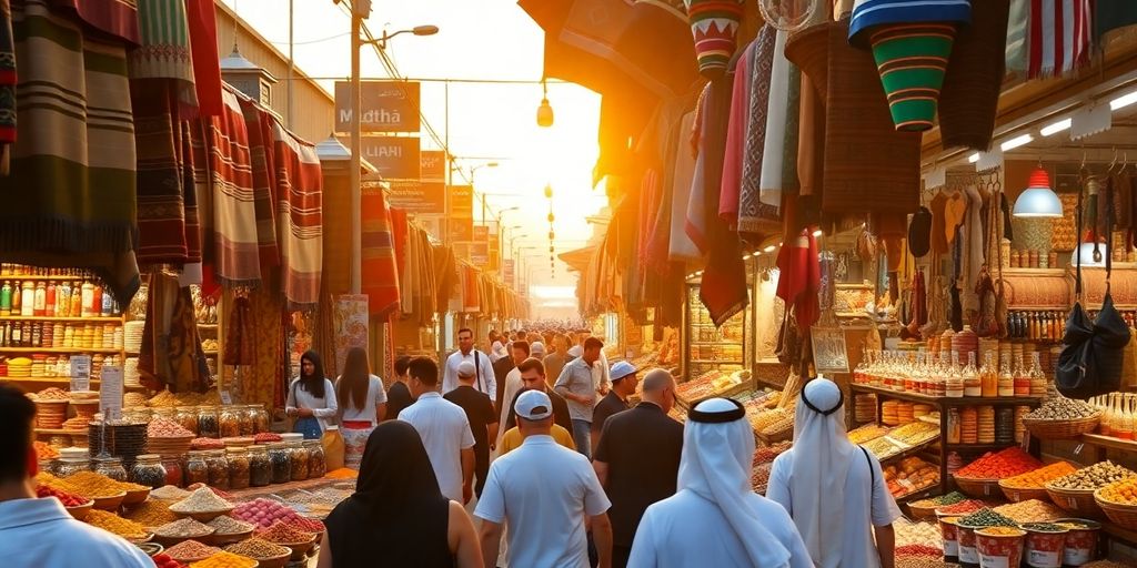 Traditional souk in Abu Dhabi bustling with shoppers.