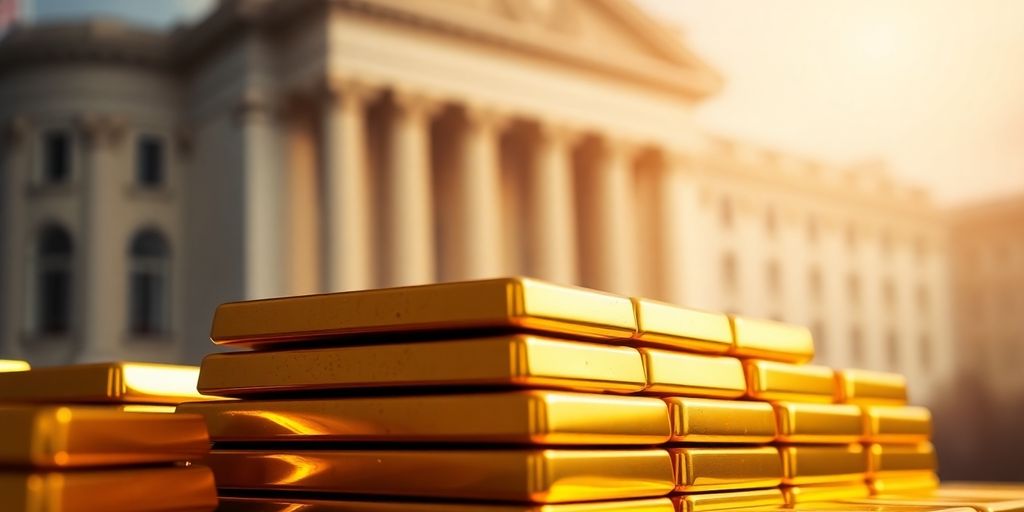 Des barres d'or brillantes avec un bâtiment de banque flou.