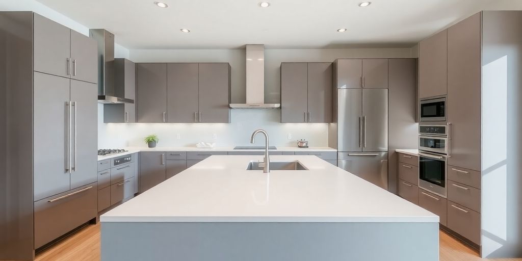 Modern kitchen with sleek cabinets and spacious island.
