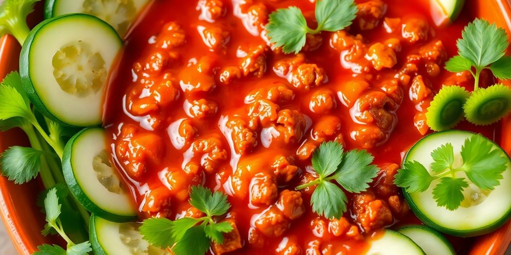 น้ำพริกอ่องสีแดงสดพร้อมผักและหมูสับ