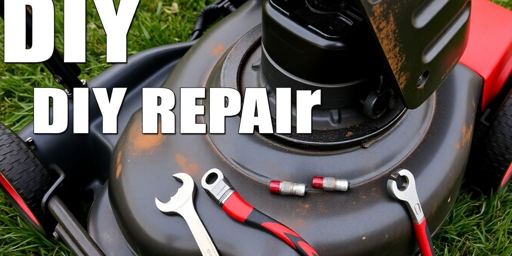 Close-up of lawn mower repairs with tools on grass.