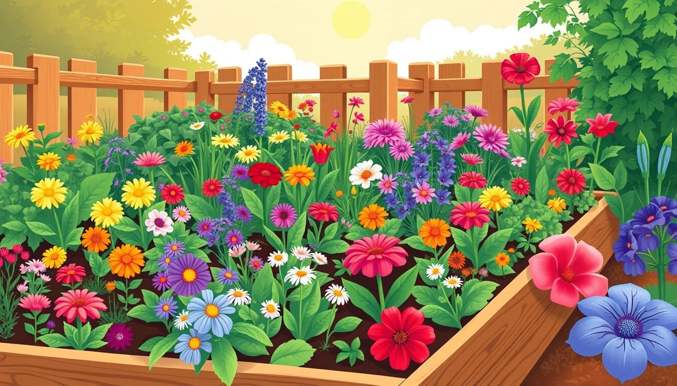 Lush raised bed garden with flowers and vegetables