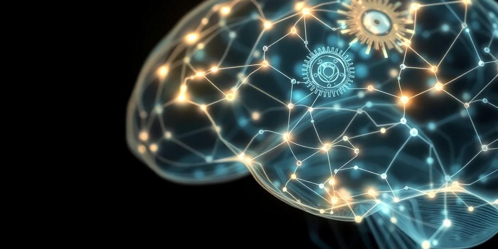 AI brain with gears, digital lines