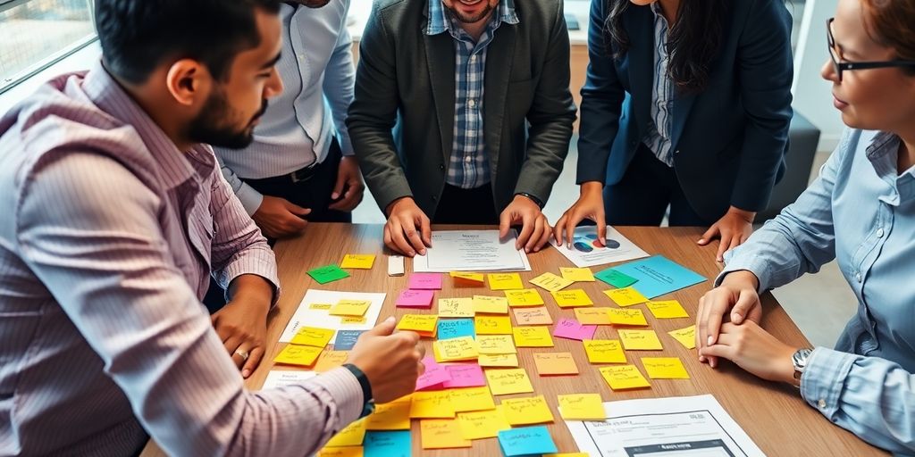 Equipe de marketing colaborando em mesa de brainstorming.