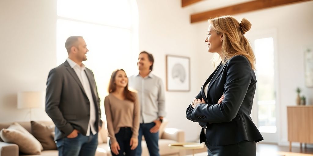 Real estate broker with clients in a home.