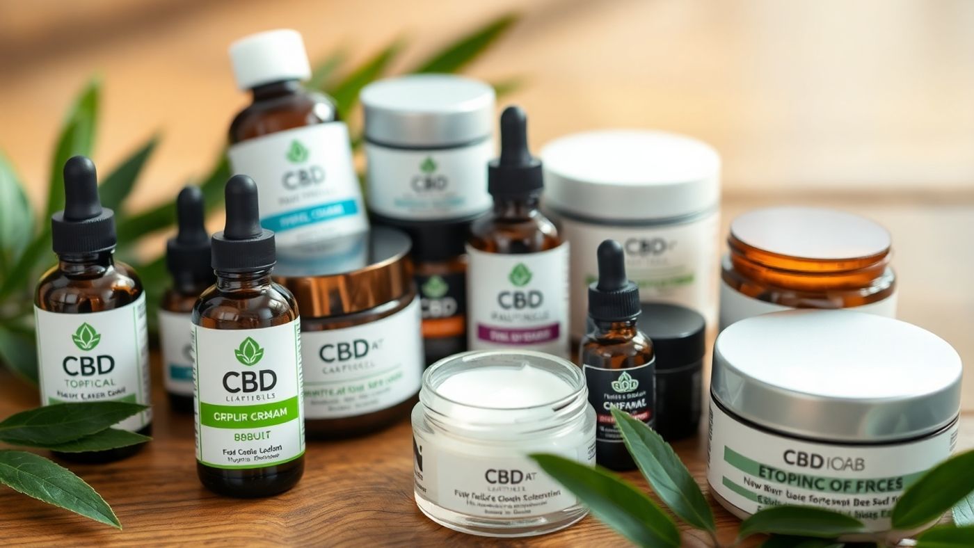 CBD topicals displayed on a wooden surface with leaves.