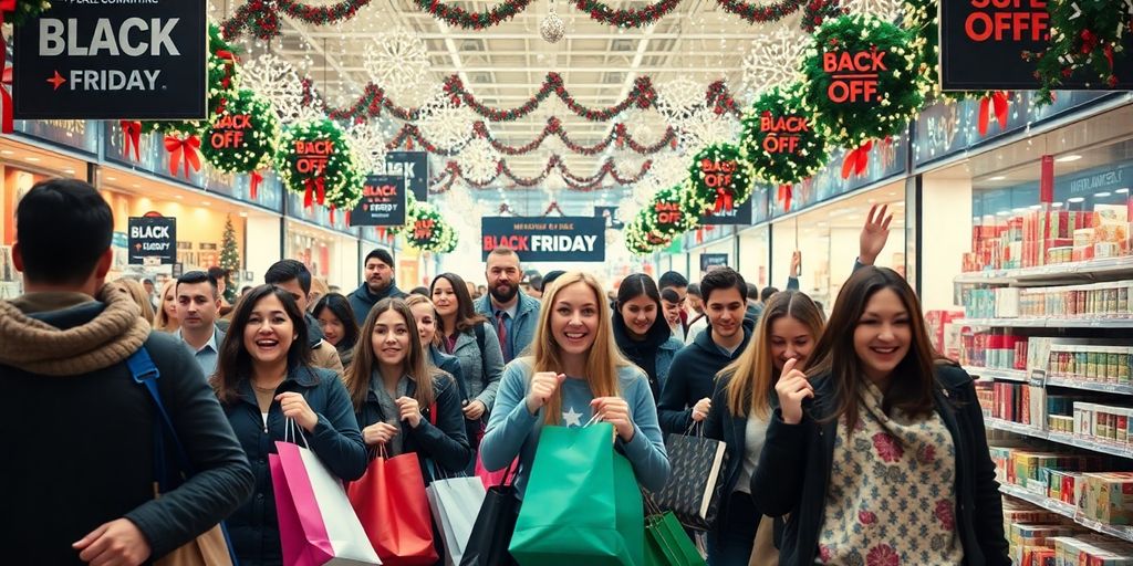Cena de compras na Black Friday, clientes animados.