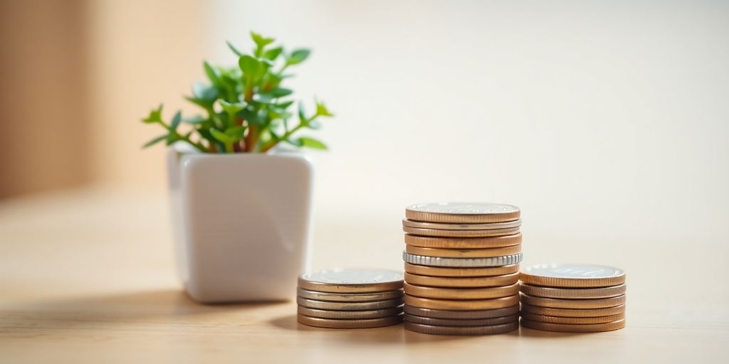 Coins stacked neatly beside a small, green plant.