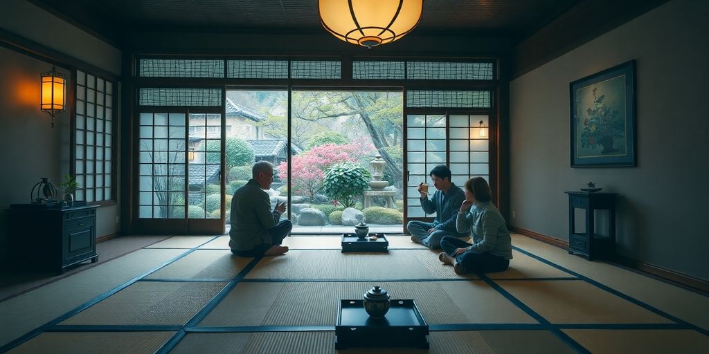 Cozy tea house interior with traditional Japanese decor.