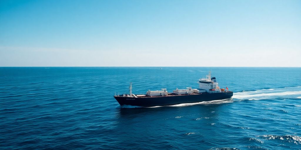 A ship navigating calm offshore waters under a blue sky.