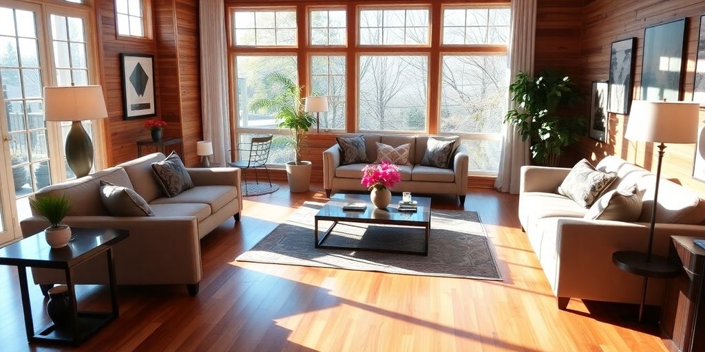 Cozy living room with stunning hardwood flooring.