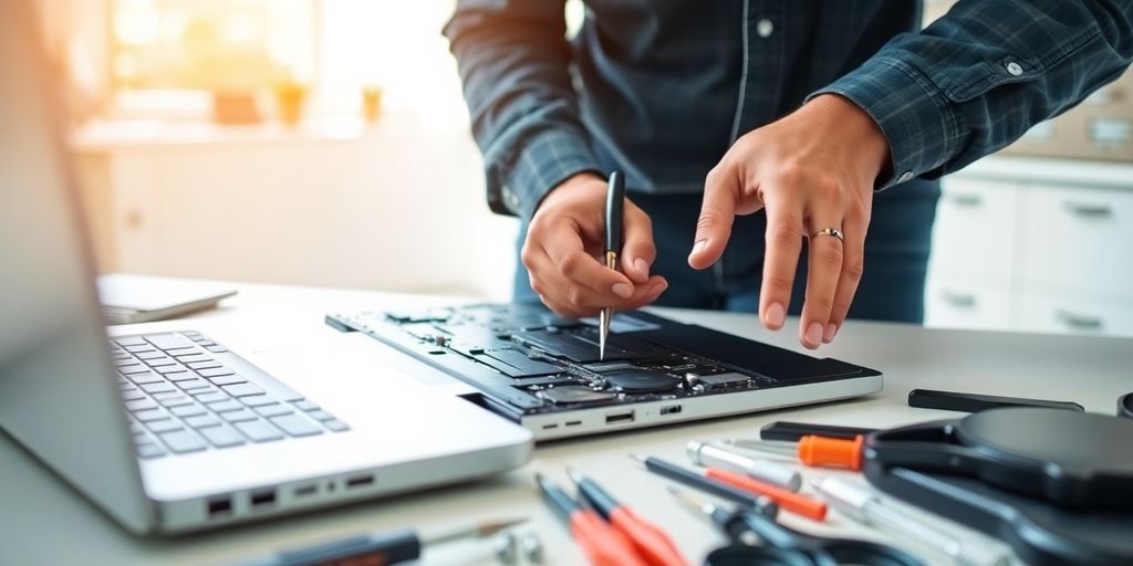 Repairing a laptop with tools in a bright workspace.
