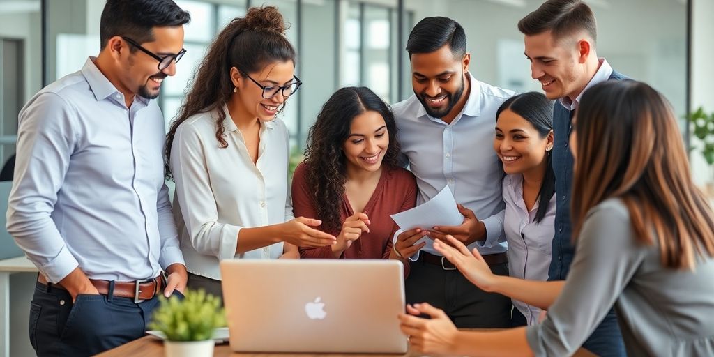 Diverse team collaborating in a modern office setting.