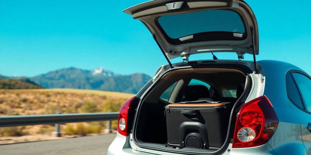 Compact car, suitcase, road, mountains, blue sky
