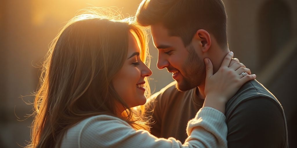 Couple embracing, bathed in soft, warm light.
