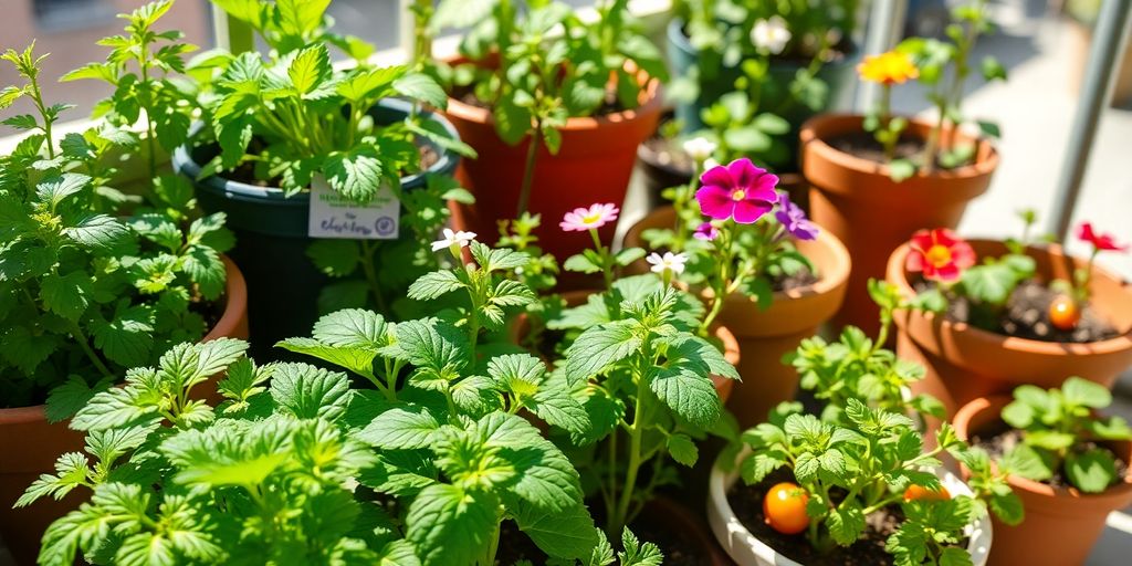 Balkonmischkultur mit bunten Pflanzen in Töpfen
