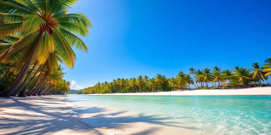 Lush Hawaiian beach with turquoise water and palm trees.