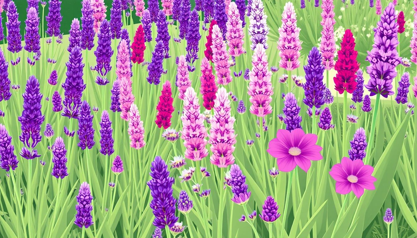 Various lavender varieties in a garden