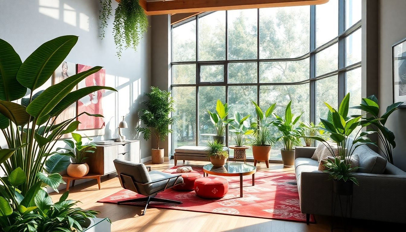 Modern living room with stylish furniture and plants.