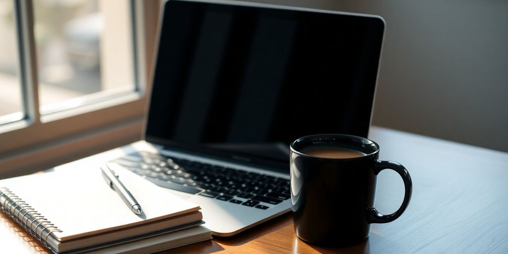A cozy workspace with a laptop and coffee.