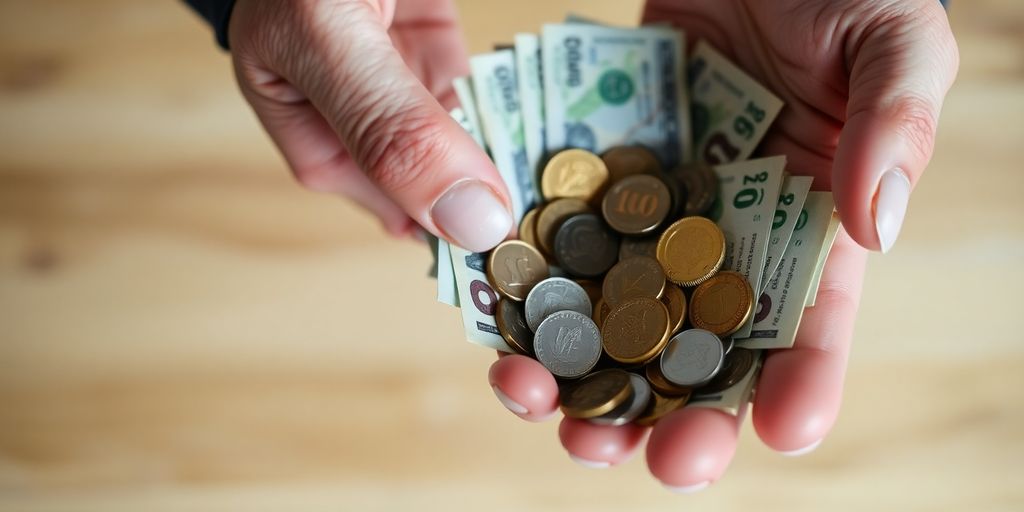Hand holding coins and bills, suggesting financial growth.