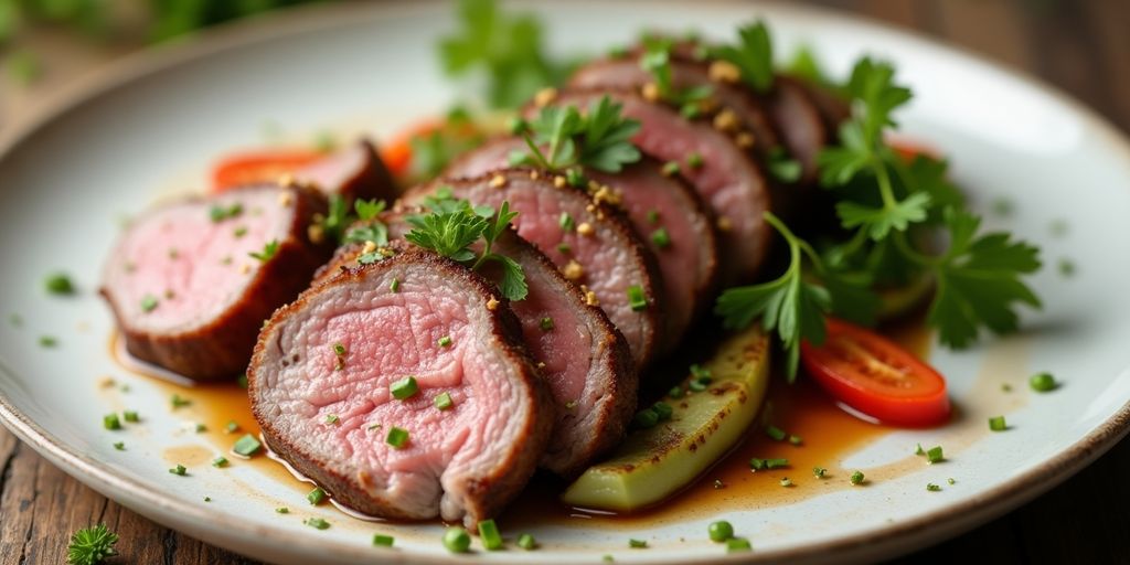Plate of rabbit meat with herbs and vegetables.