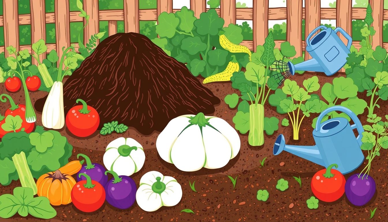 Illustrative garden with vegetables and compost pile
