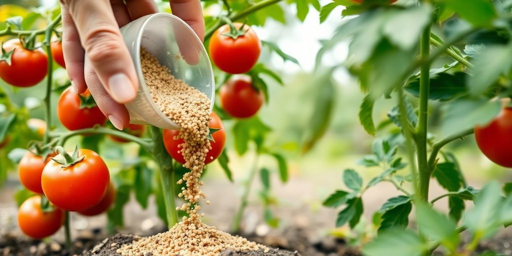 Tomatenpflanze mit Bio-Dünger und kräftigen Früchten