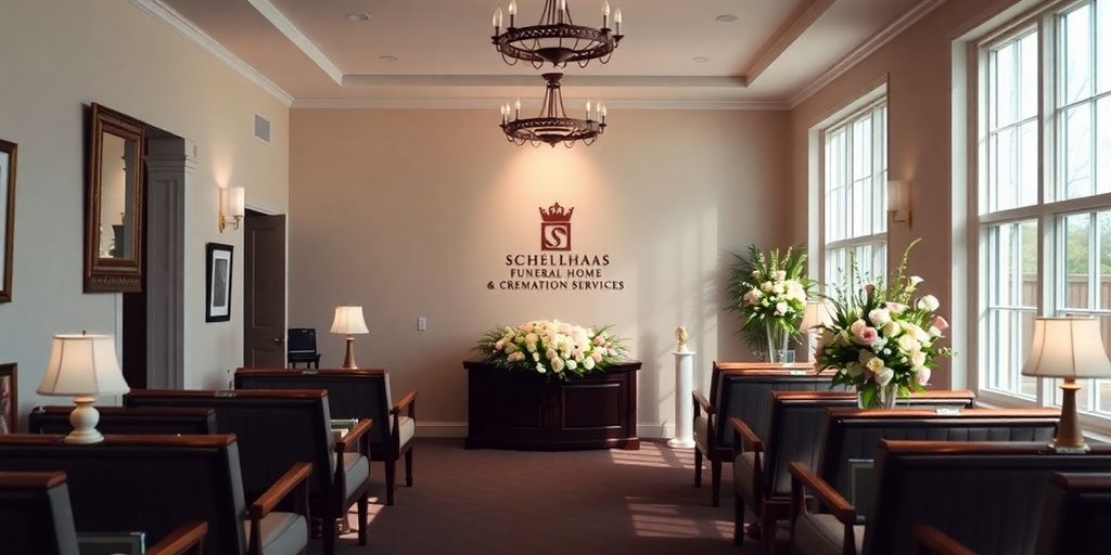 Tranquil funeral home setting with floral arrangements.