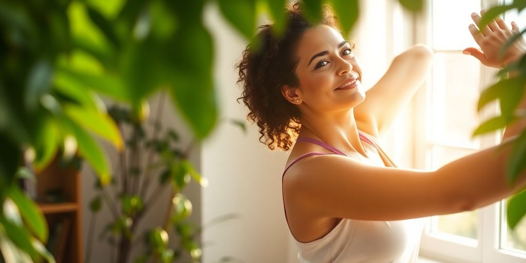 Woman stretching, sunlight, green leaves.