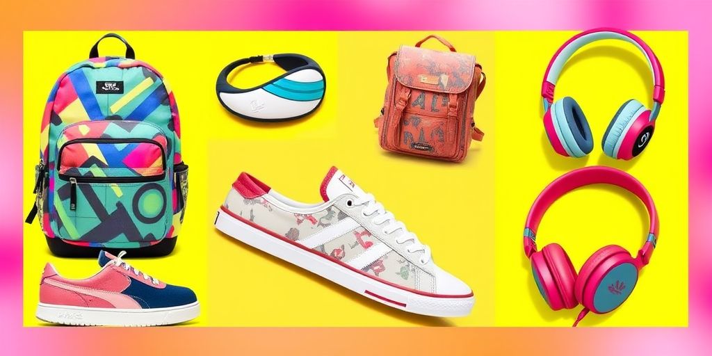 Trendy gifts for teens: backpacks, sneakers, headphones in vibrant colors.