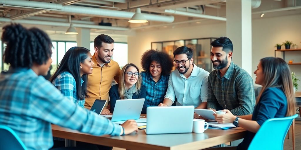 Diverse team collaborating in a modern startup workspace.