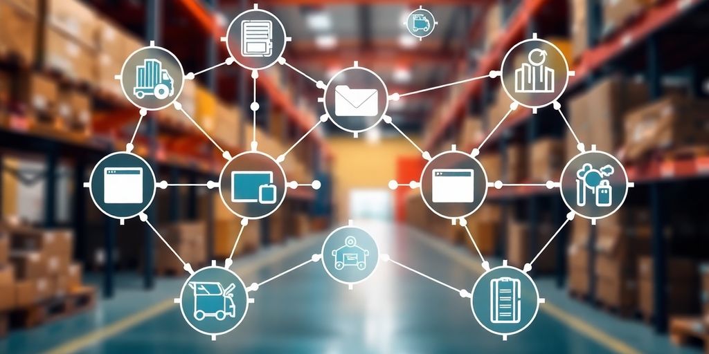 Blockchain nodes with supply chain elements in the background.