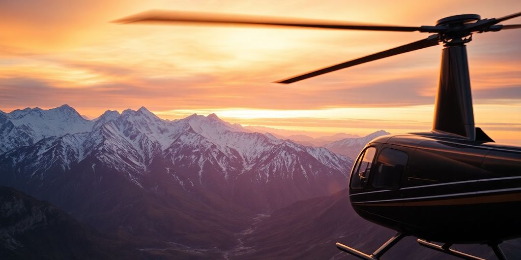 A helicopter flying over a dramatic, sunlit mountain range.