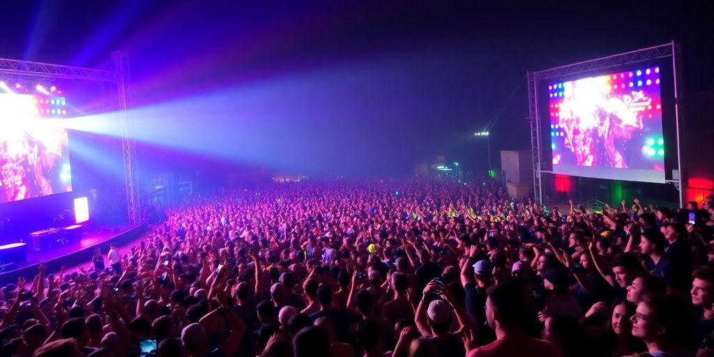 Festival de musique en plein air avec une foule en délire.