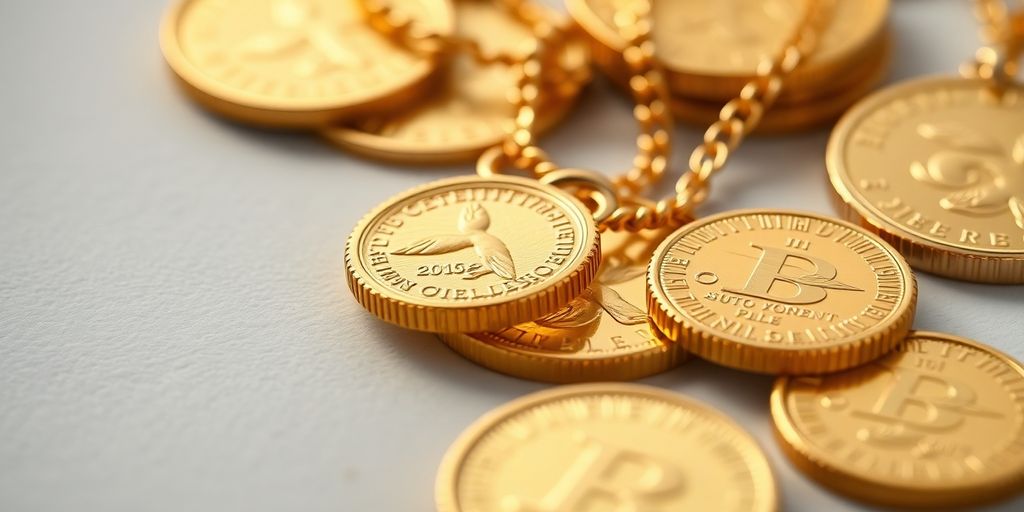 Bijoux en or et pièces brillantes sur fond neutre.