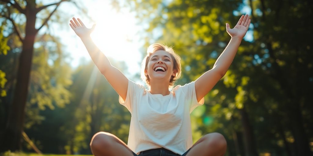Vrolijke persoon in de natuur, dankbaarheid en geluk.