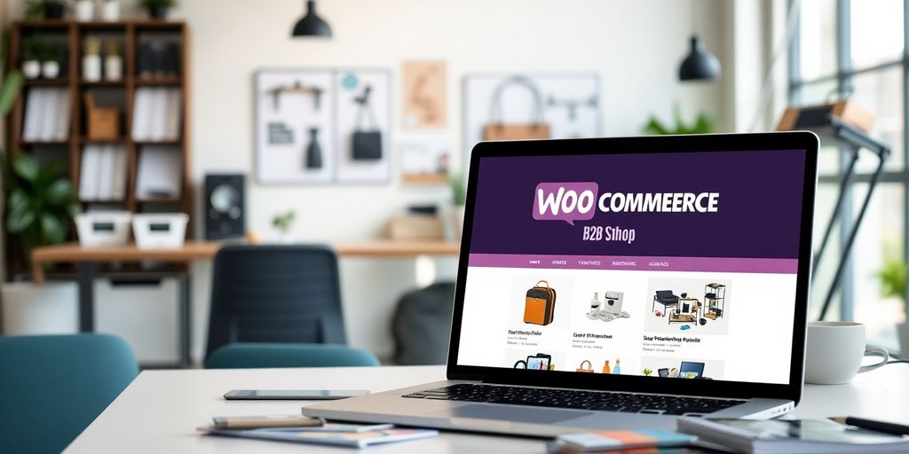 A laptop showcasing a B2B WooCommerce shop setup.