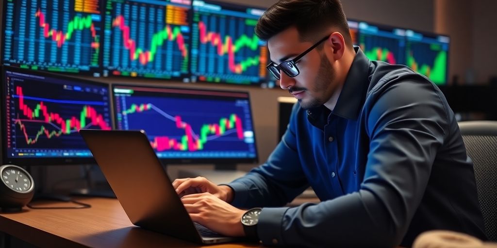 A trader using a laptop with vibrant trading visuals.